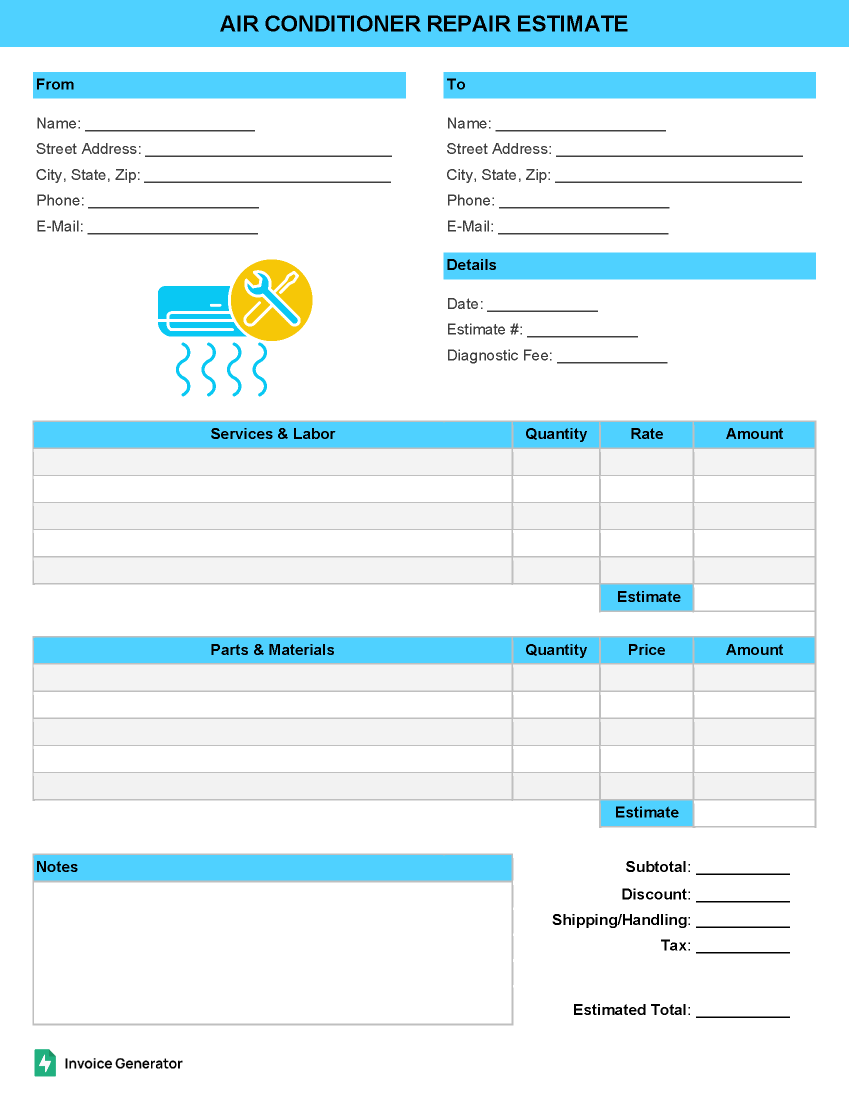 Air conditioner repair estimate template