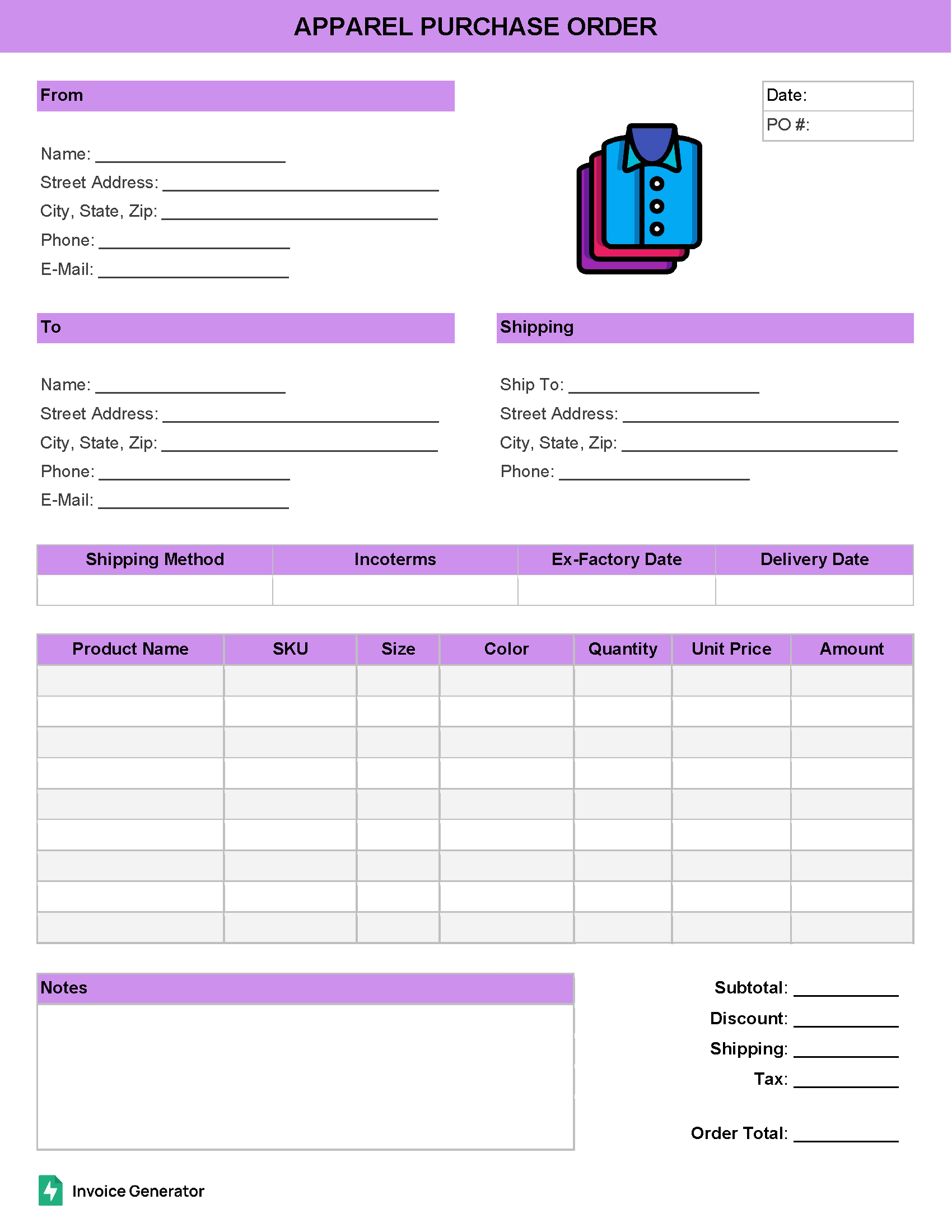 Apparel Purchase Order Template