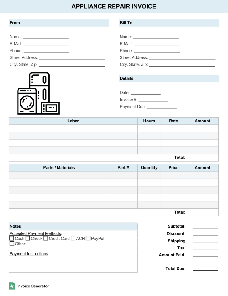 Appliance repair invoice template