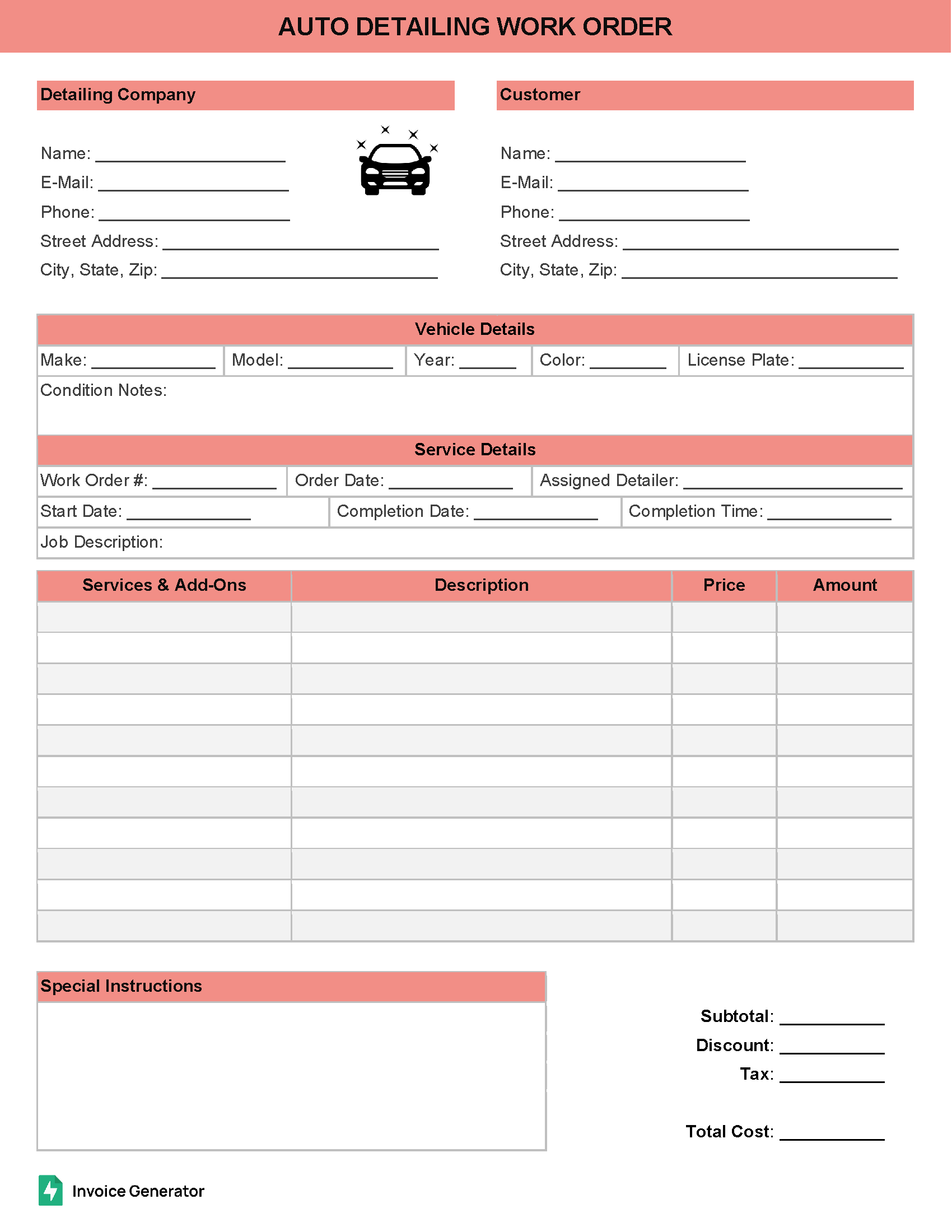 Auto Detailing Work Order Template