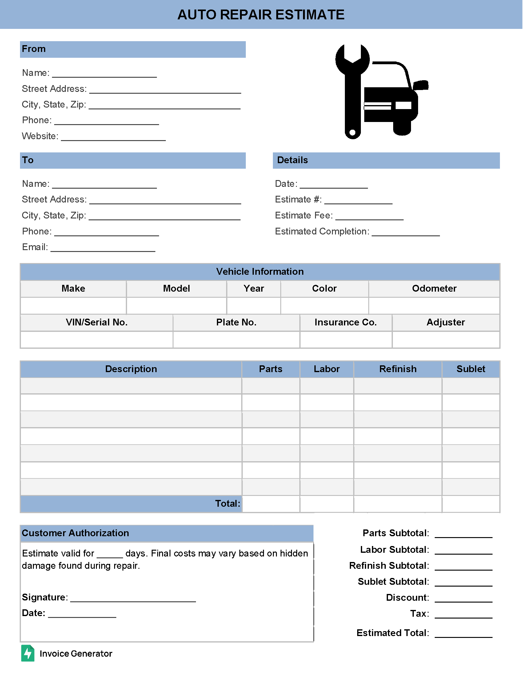 Auto repair estimate template