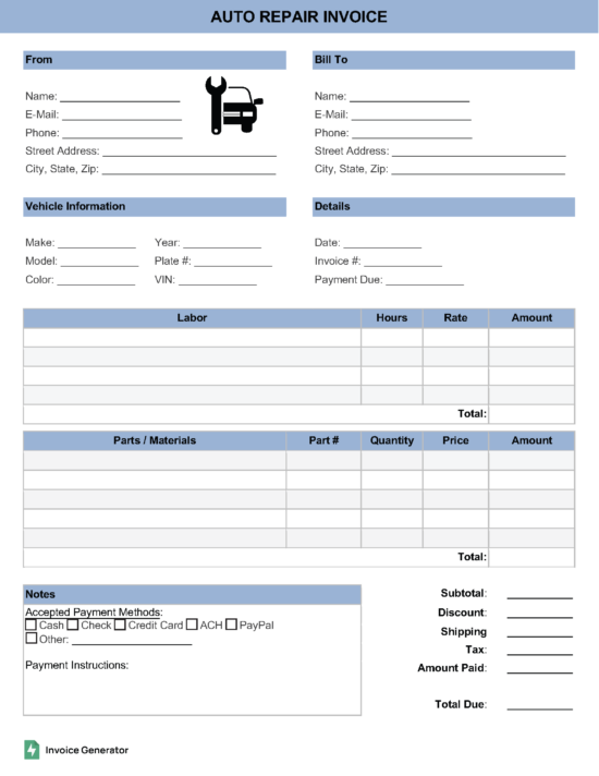 Auto repair invoice template