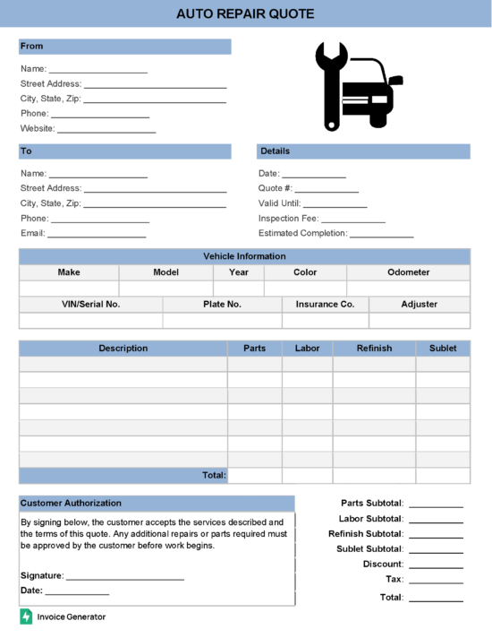 Auto repair quote template