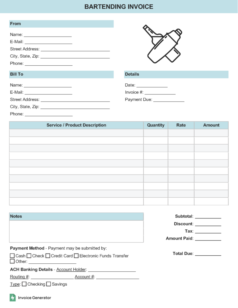 Bartending invoice template