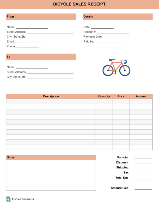 Bicycle Sales Receipt Template