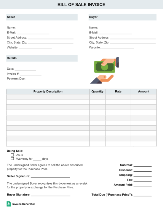 Bill of sale invoice template