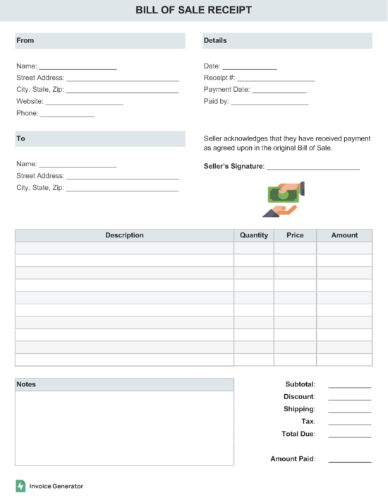 Bill of Sale Receipt Template
