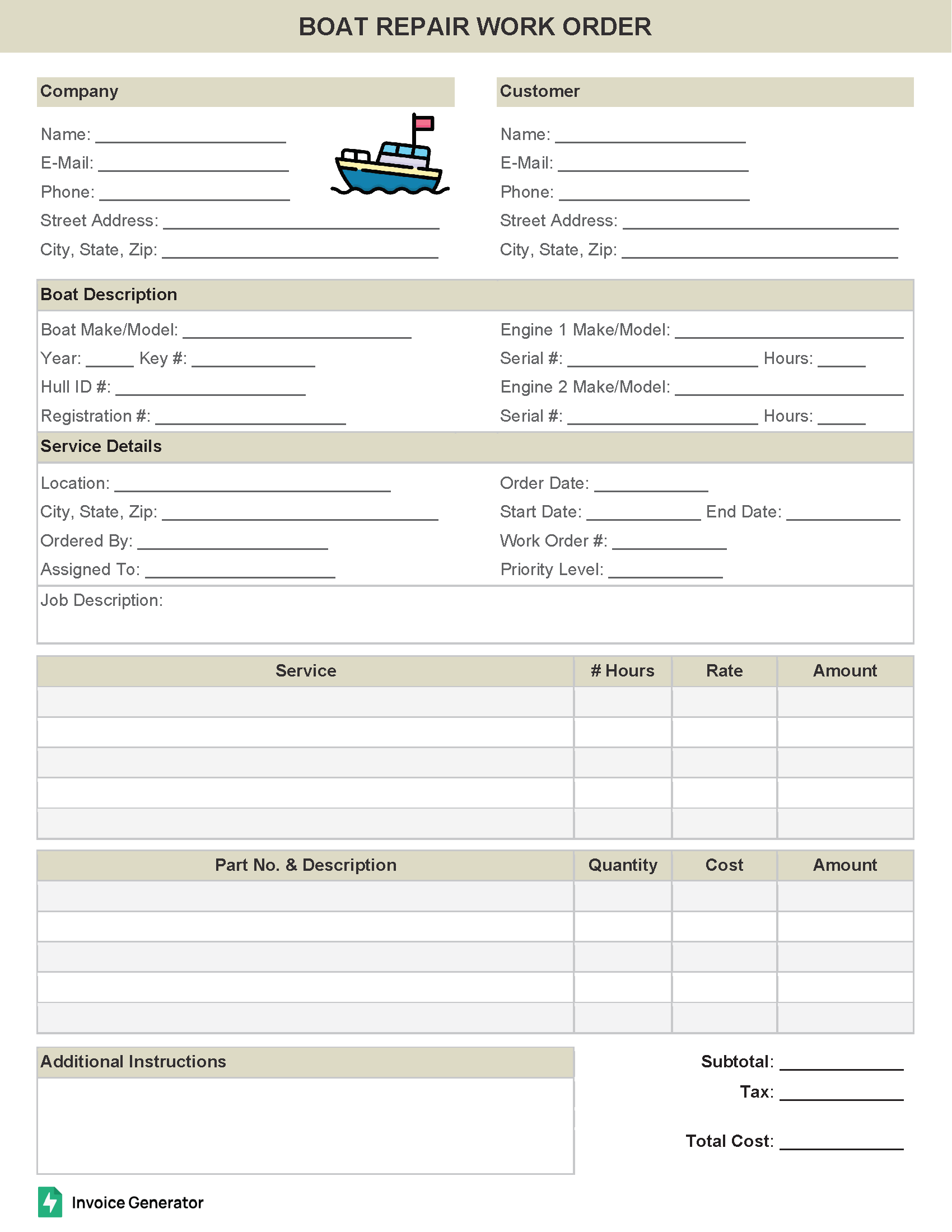 Boat Repair Work Order Template
