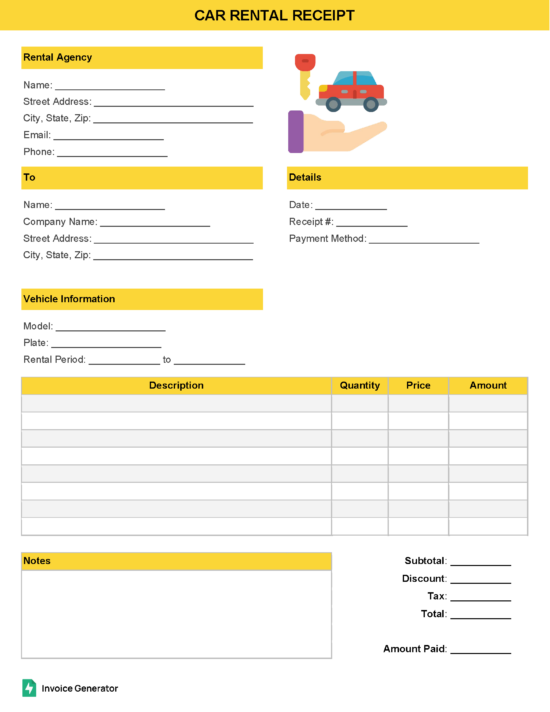 Car rental receipt template