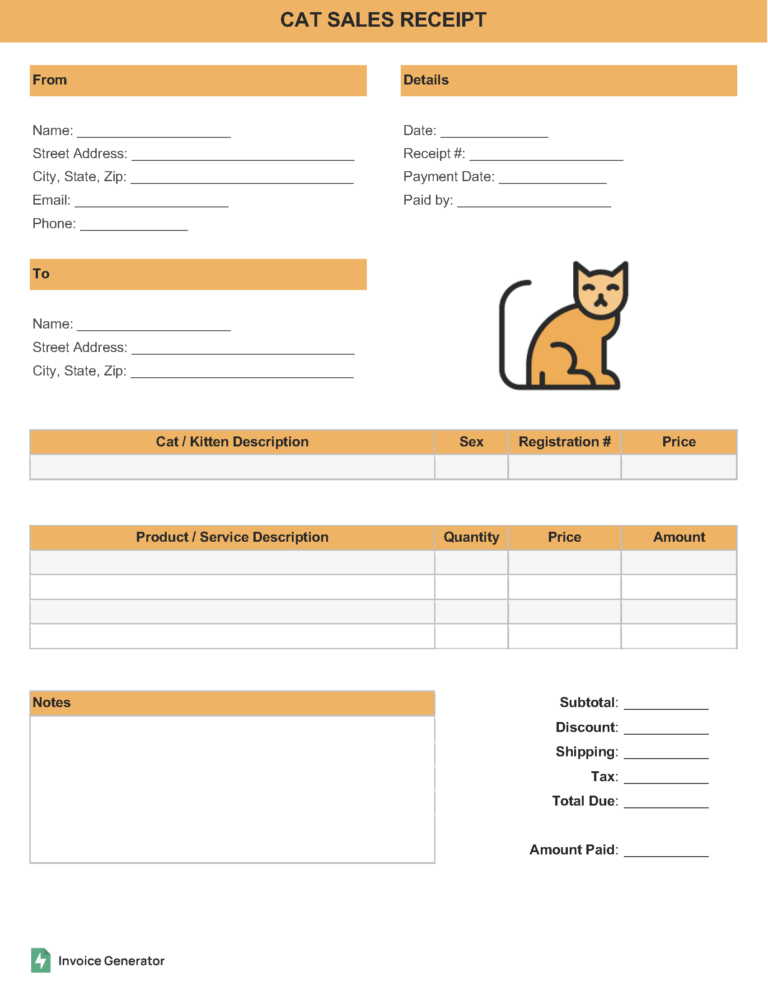 Cat kitten sales receipt template