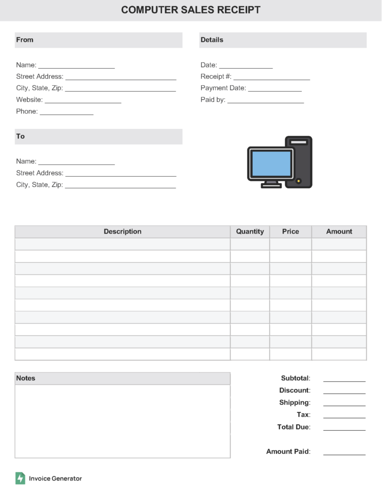 Computer sales receipt template