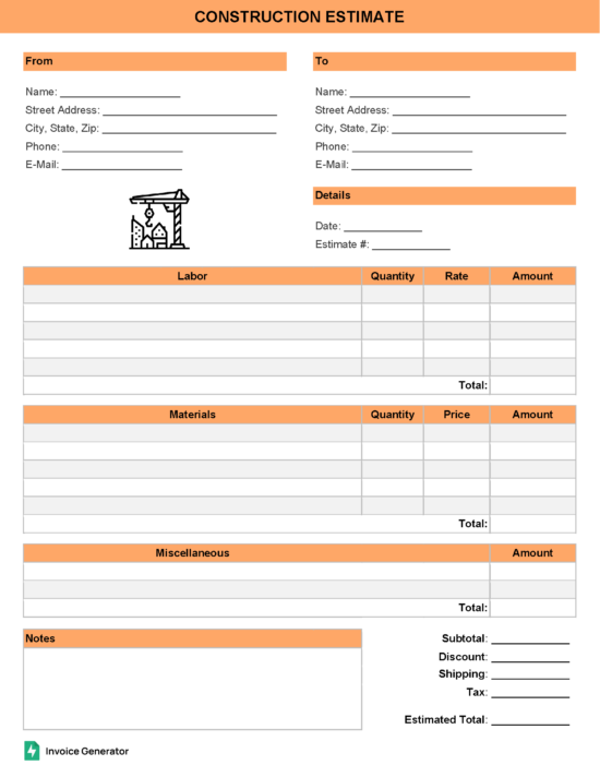 Construction estimate template