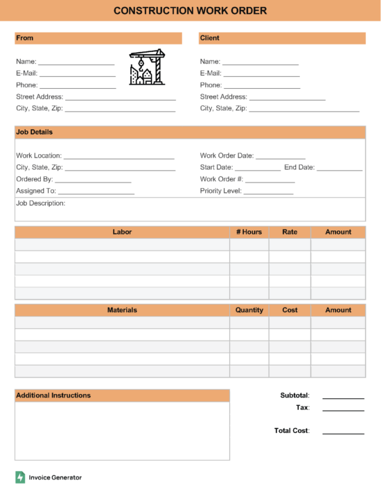 Construction Work Order Template