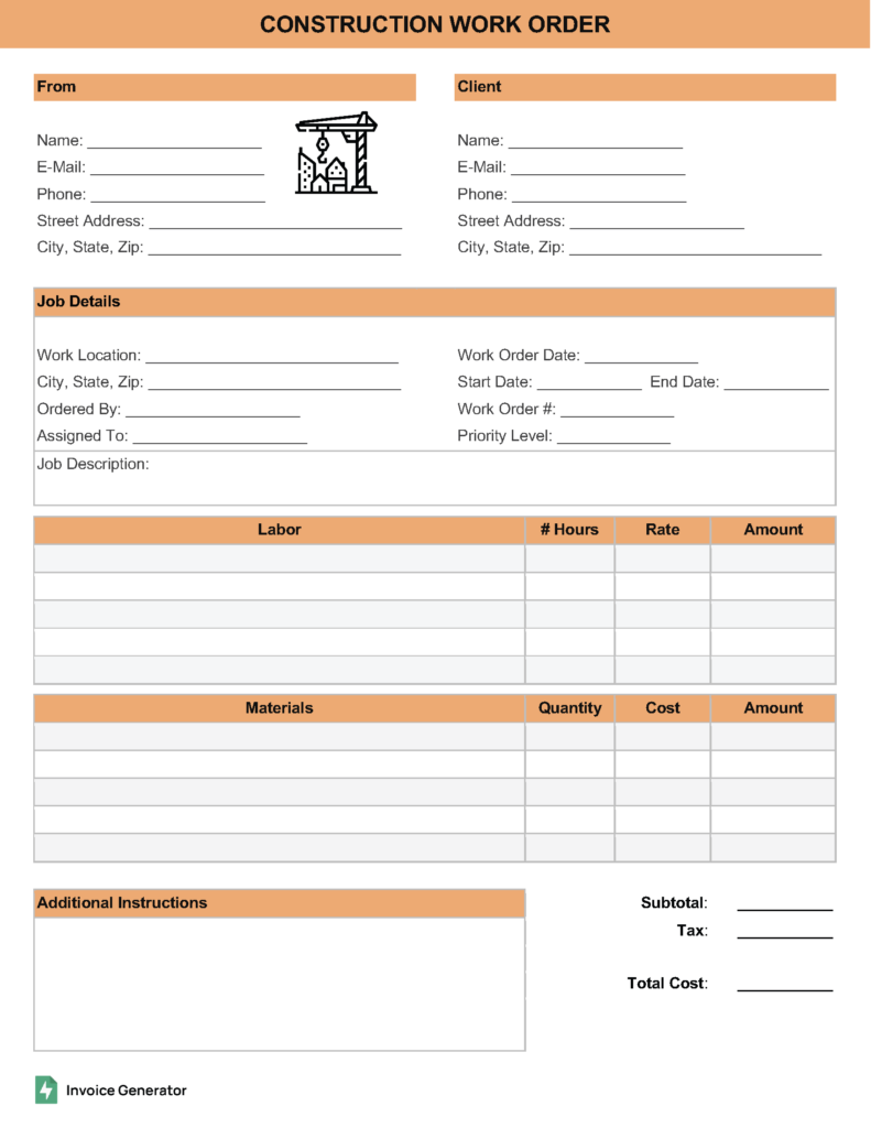 Free Construction Work Order Template