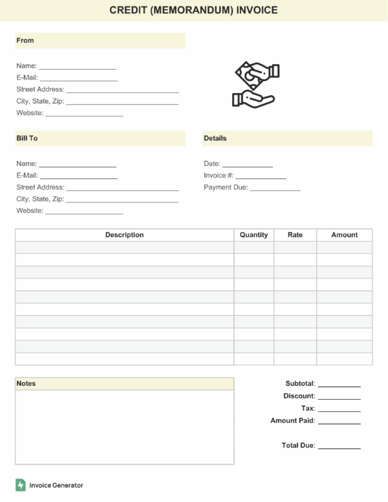 Credit (memorandum) invoice template