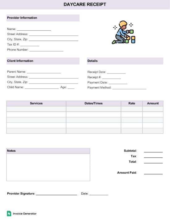 Daycare receipt template