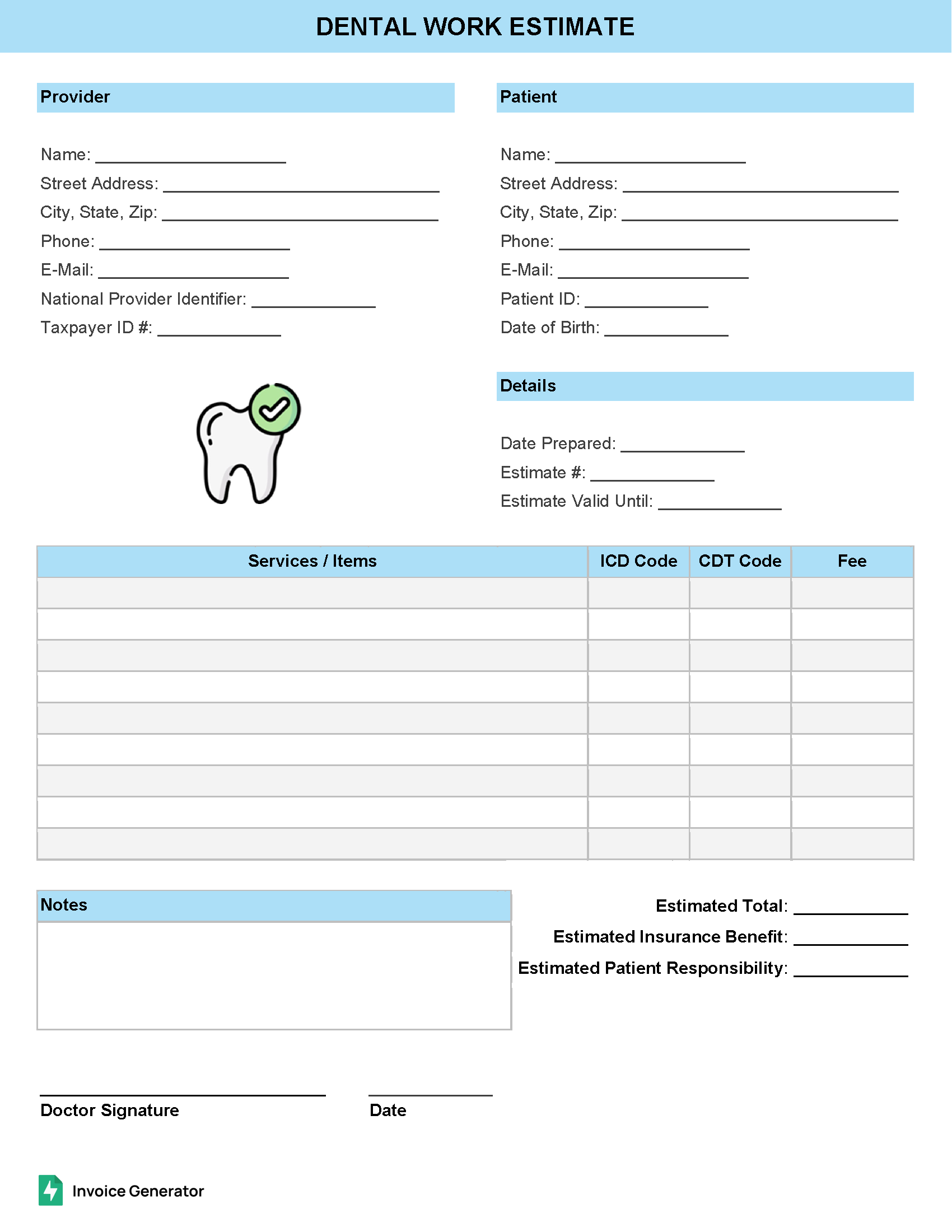 Dental work estimate template