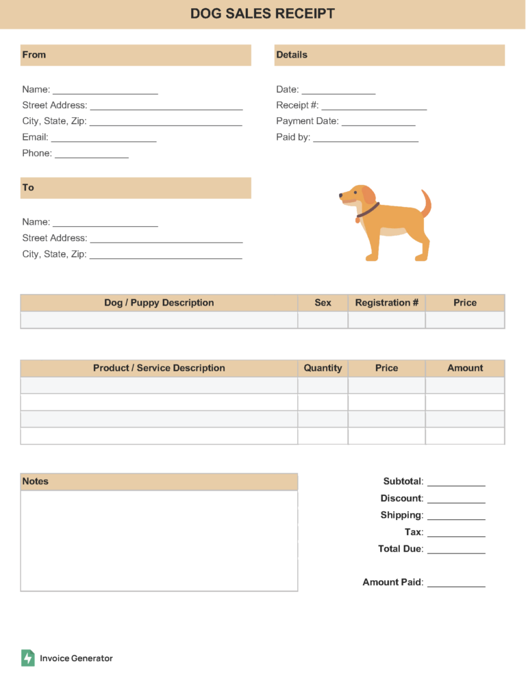 Dog puppy sales receipt template