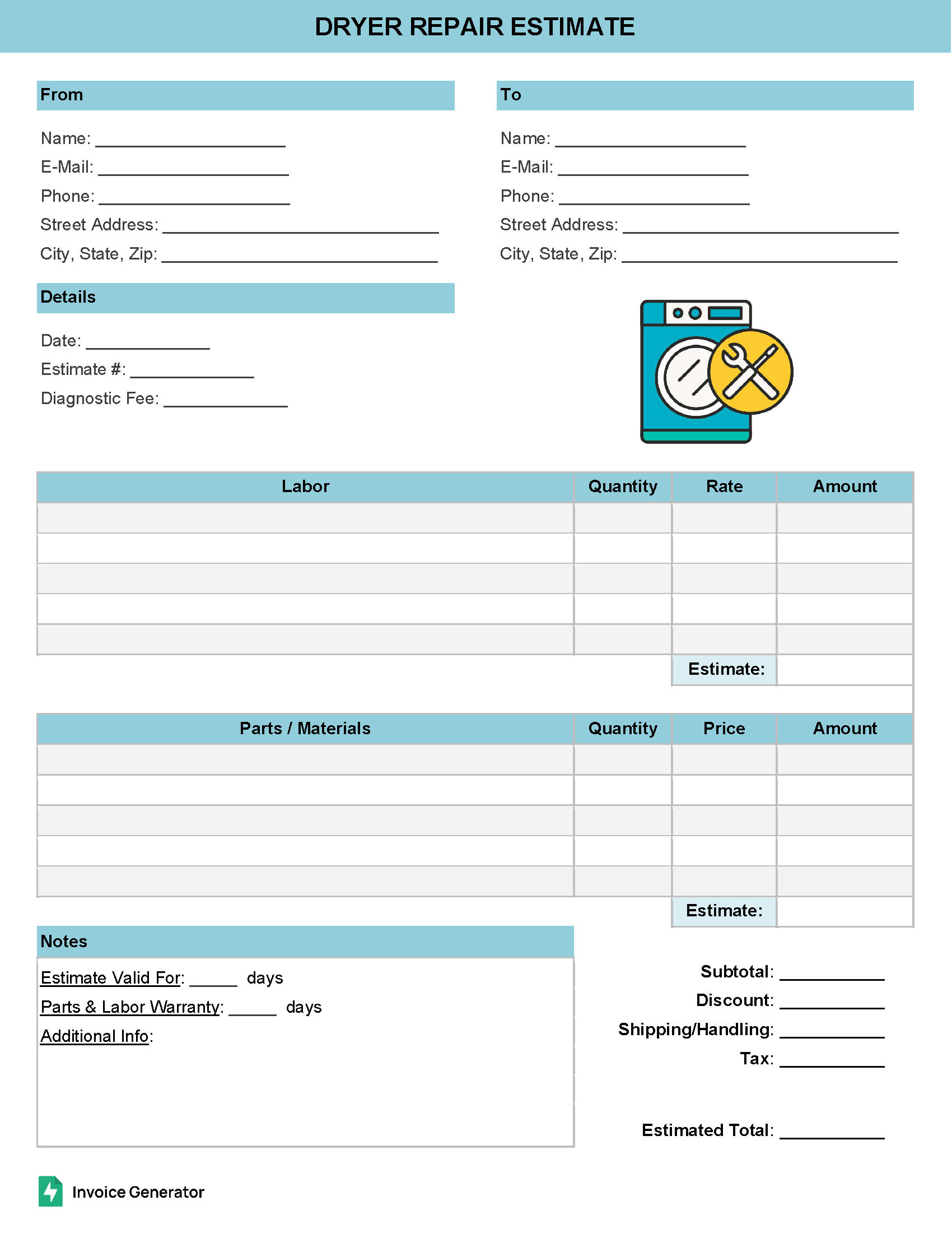 Dryer repair estimate template