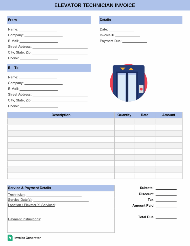 Elevator technician invoice template