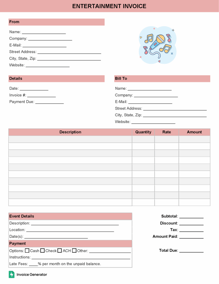 Entertainment invoice template