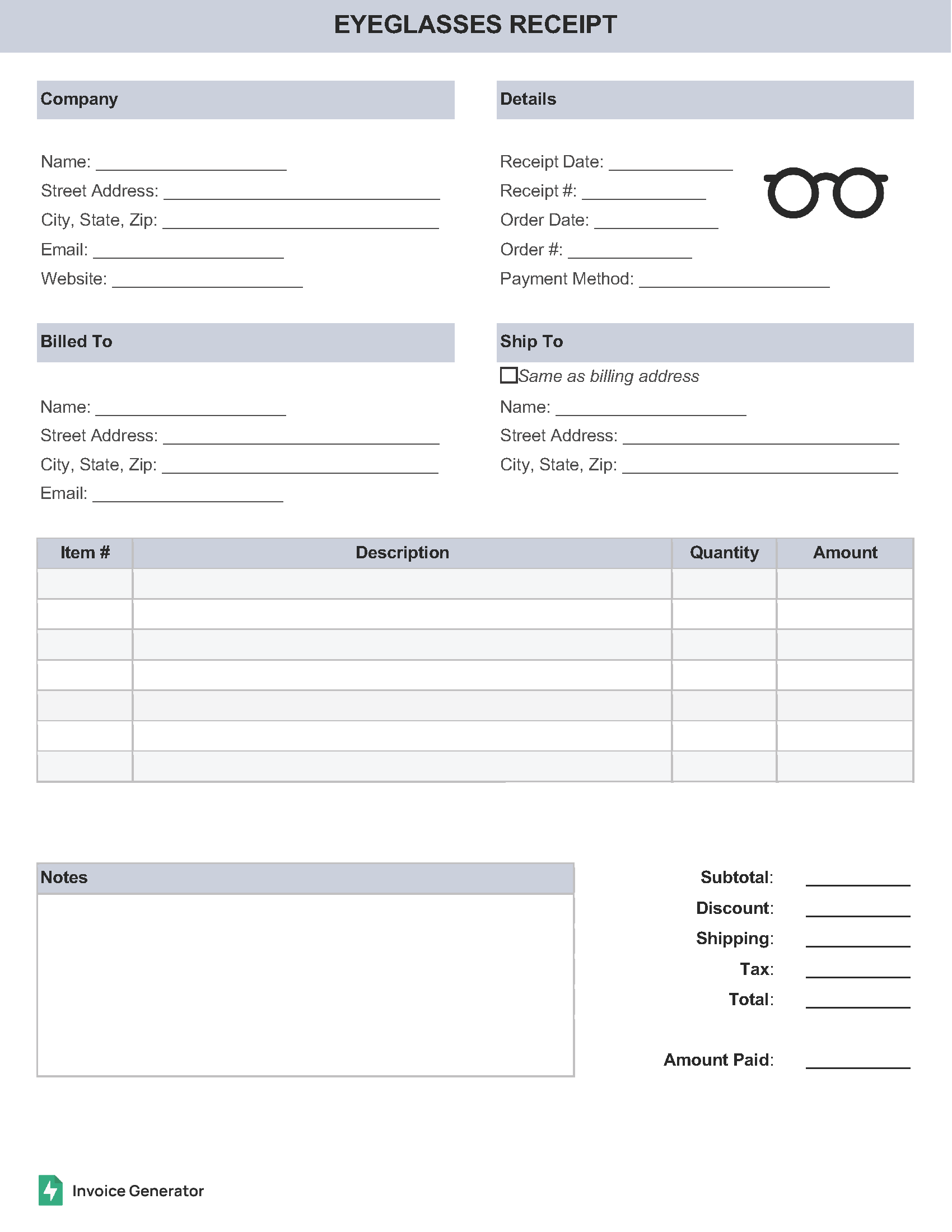 Eyeglasses Receipt Template