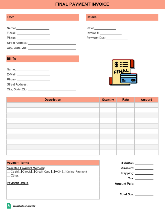 Final payment invoice template