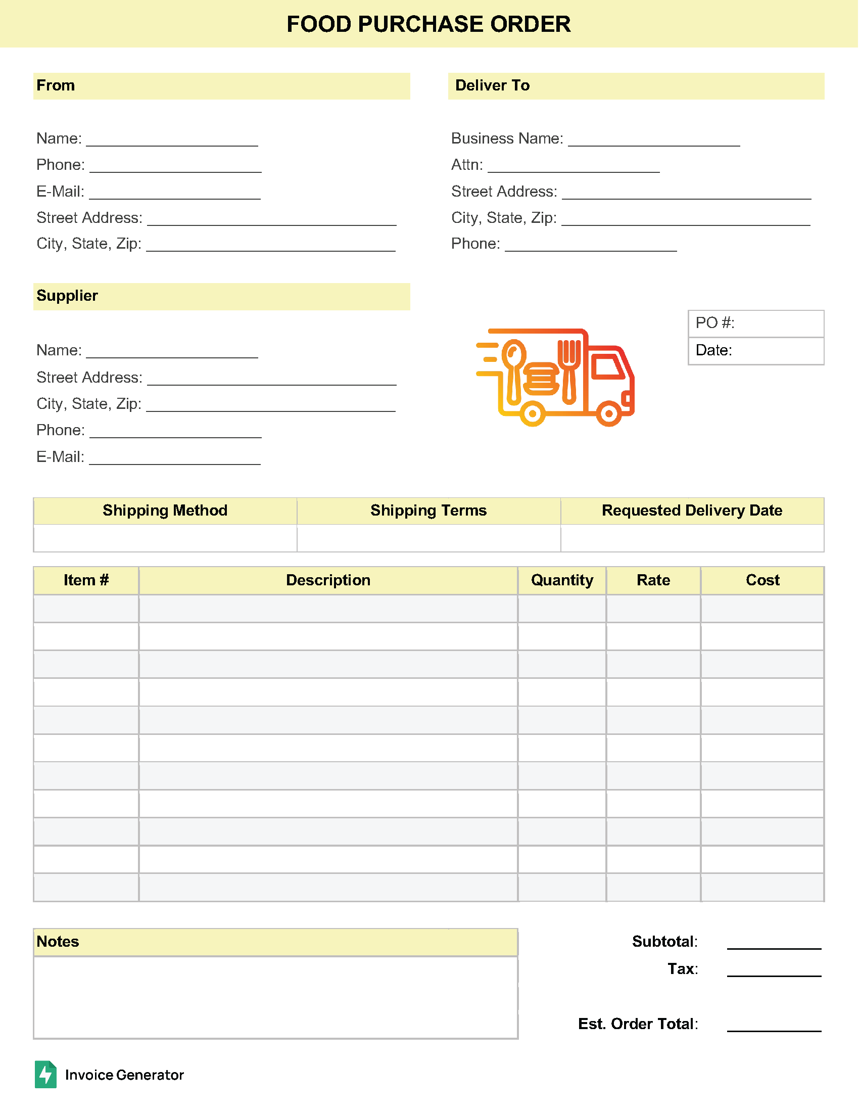 Food Purchase Order Template