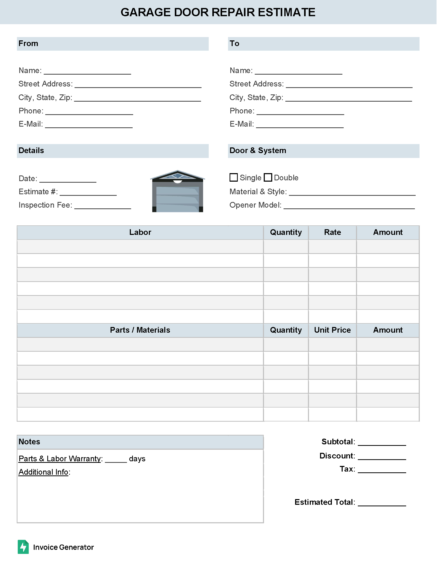 Garage door repair estimate template