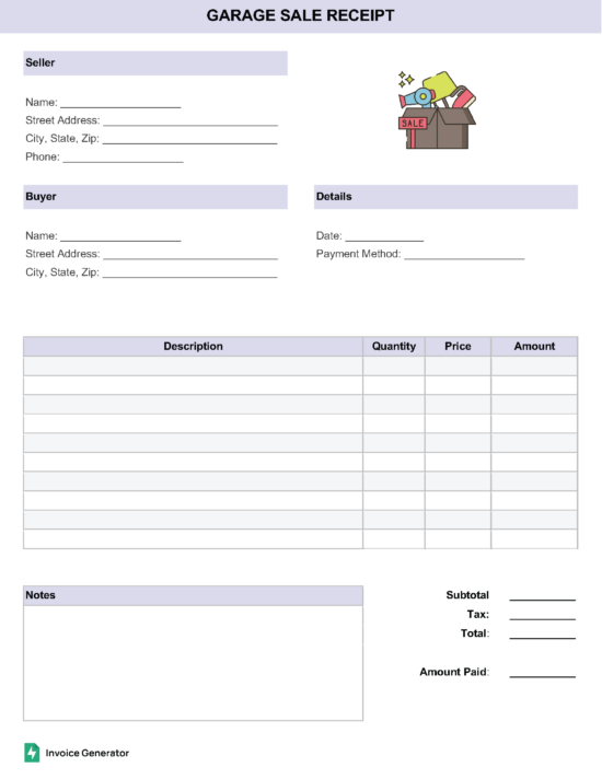 Garage sale receipt template