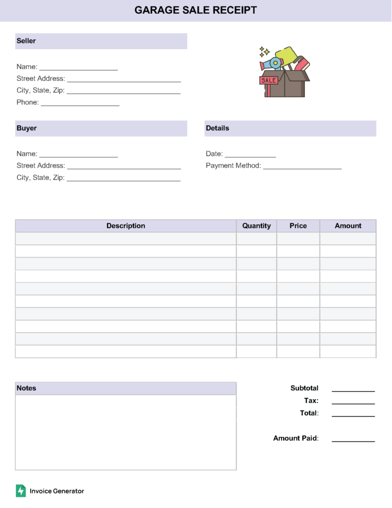 Garage sale receipt template