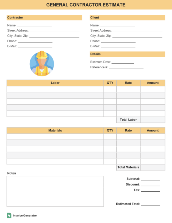 General contractor estimate template