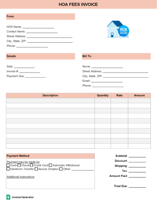 Hoa fees invoice template