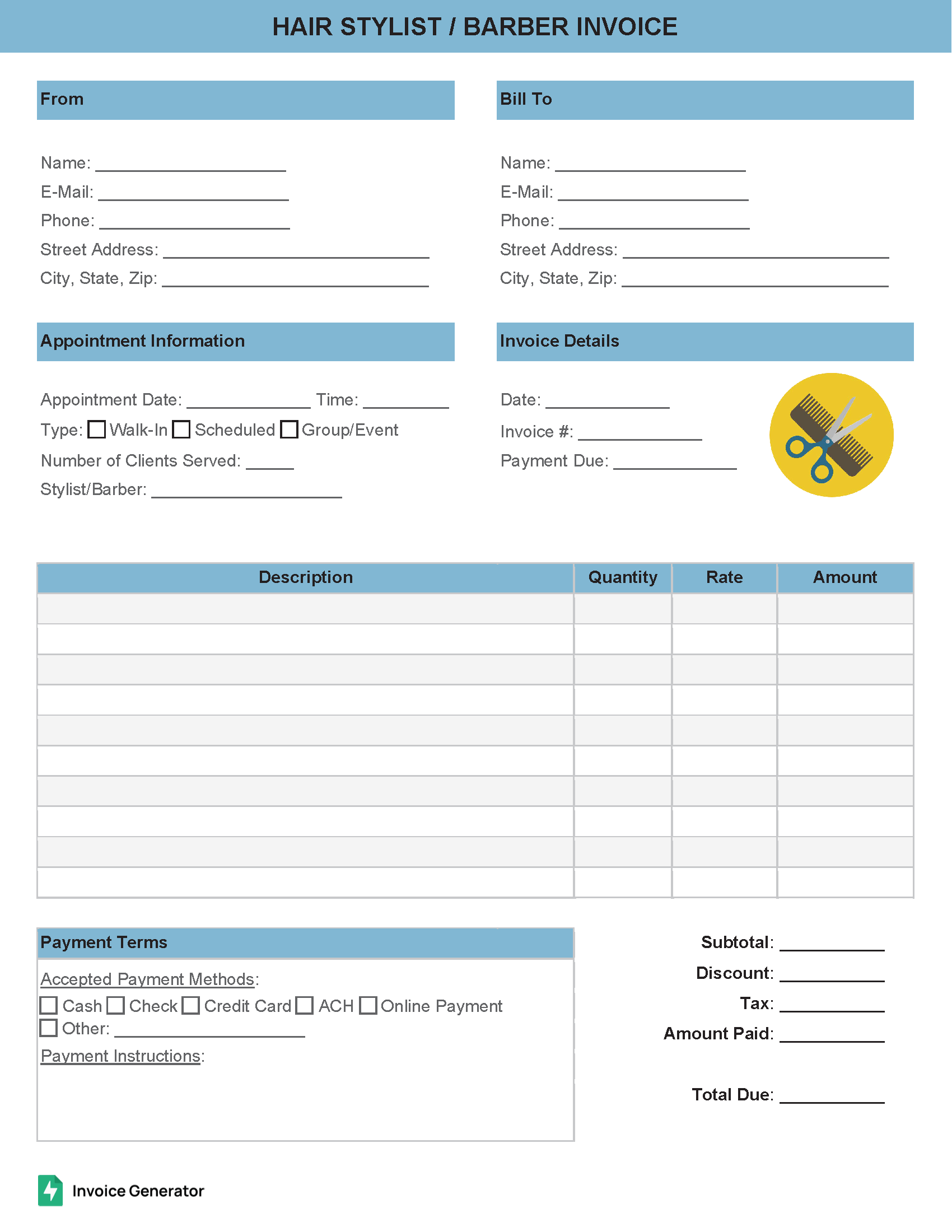 Hair Stylist / Barber Invoice Template