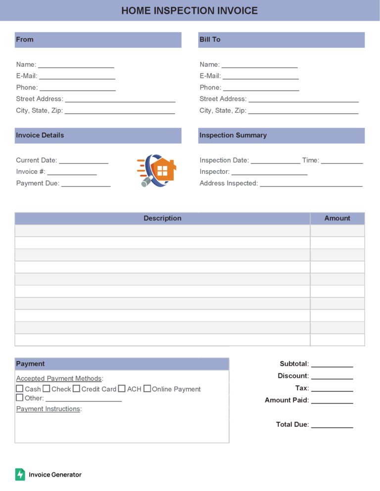 Home inspection invoice template