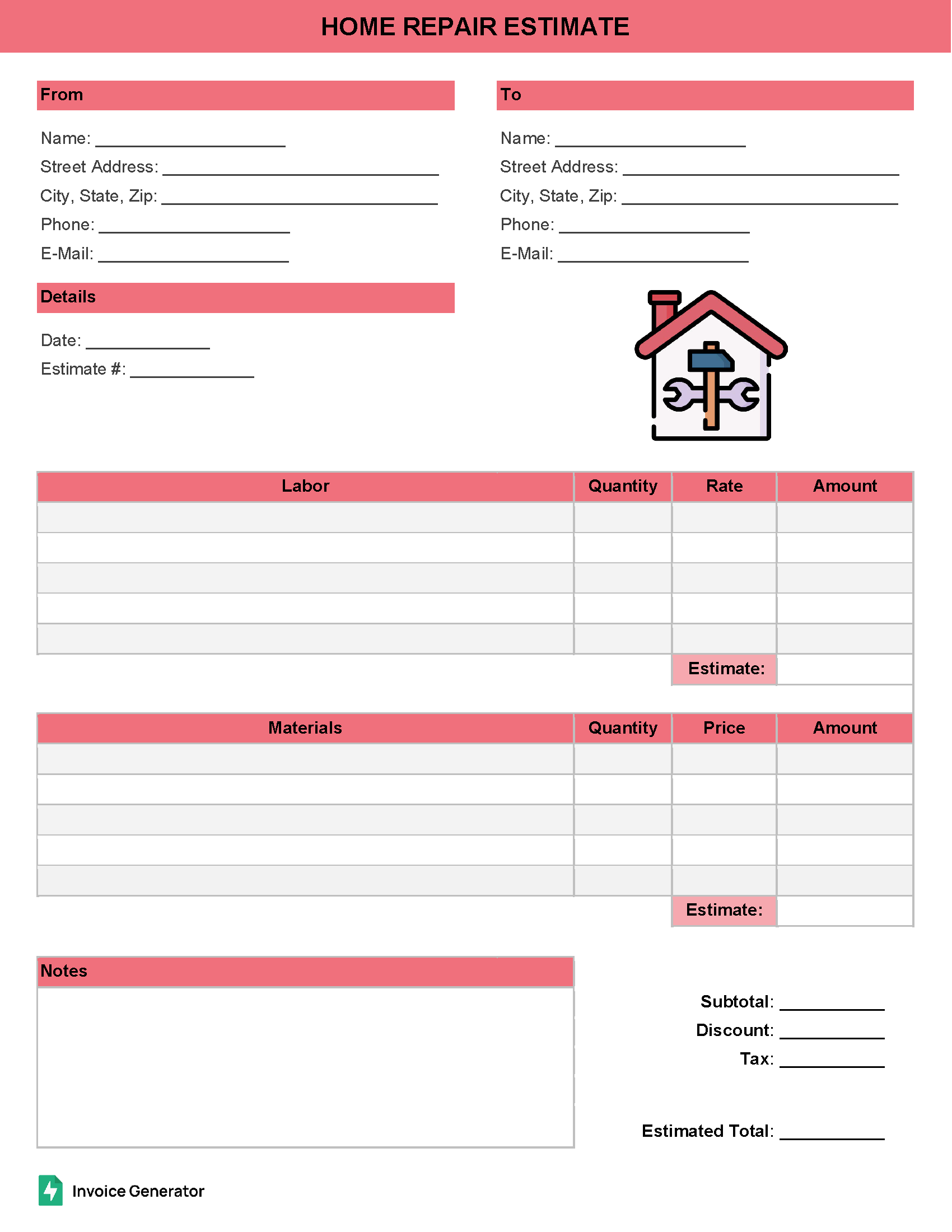 Home repair estimate template