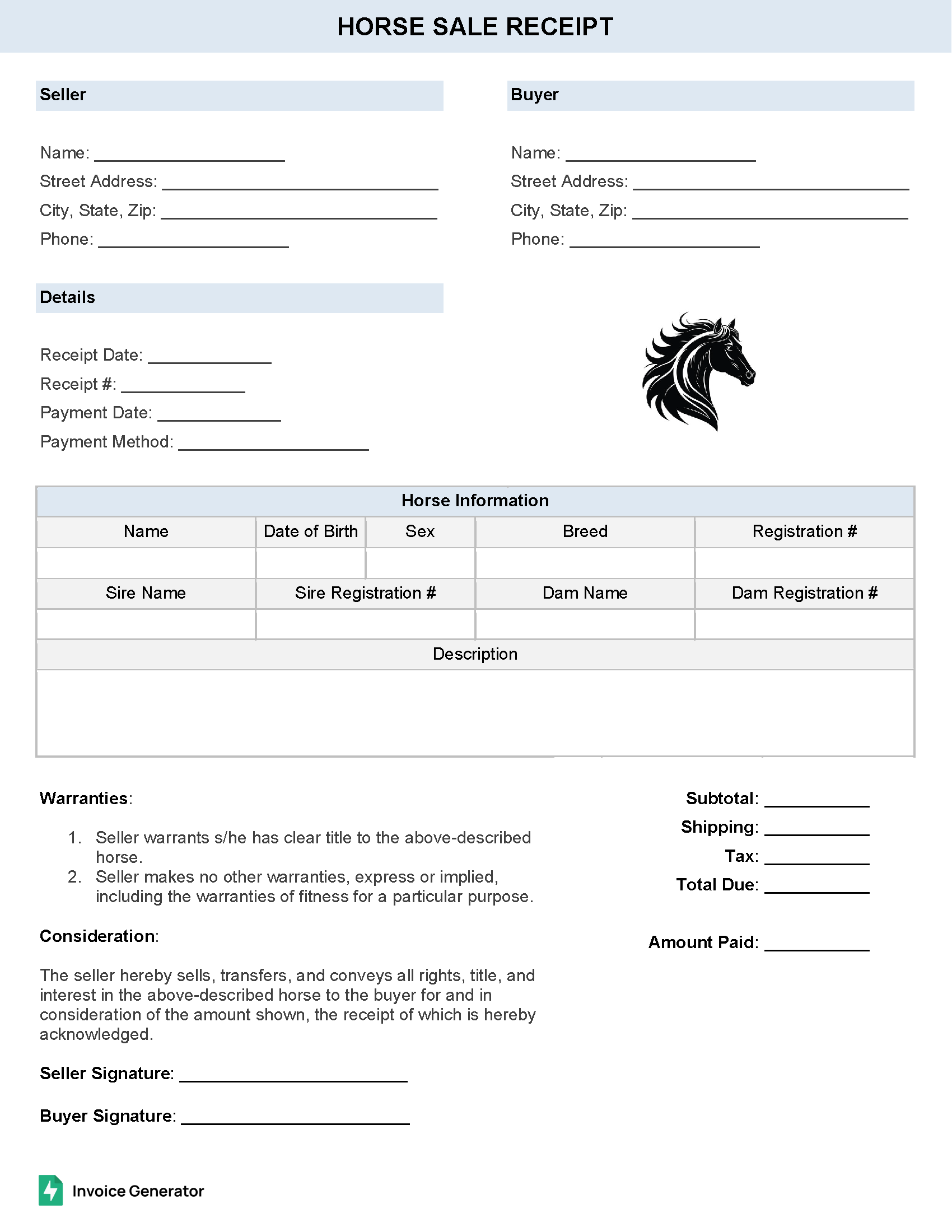 Horse Sale Receipt Template