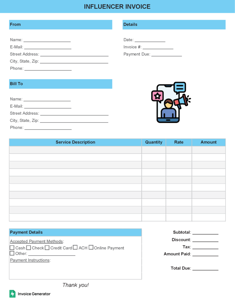 Influencer invoice template