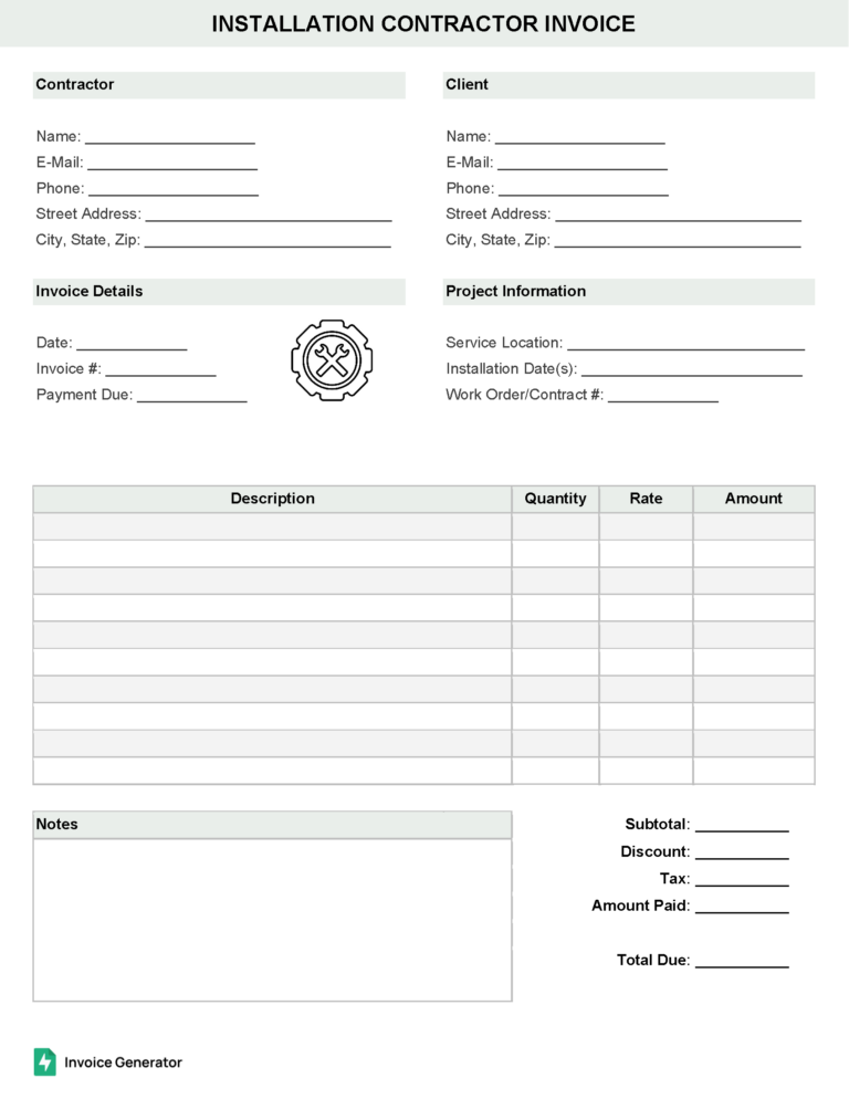 Installation contractor invoice template
