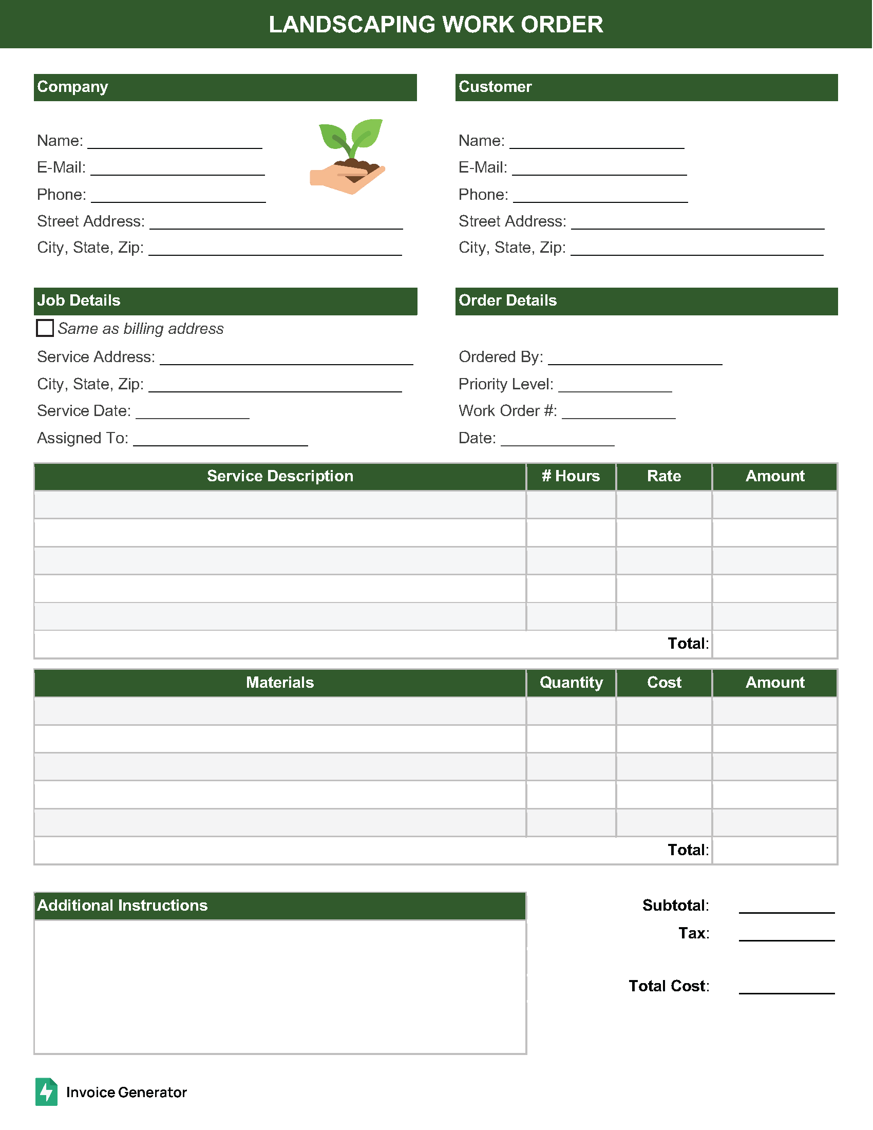 Landscaping work order template
