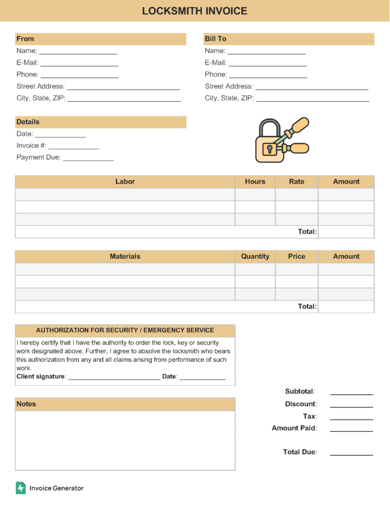 Locksmith invoice template