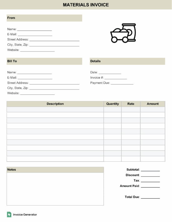 Materials invoice template