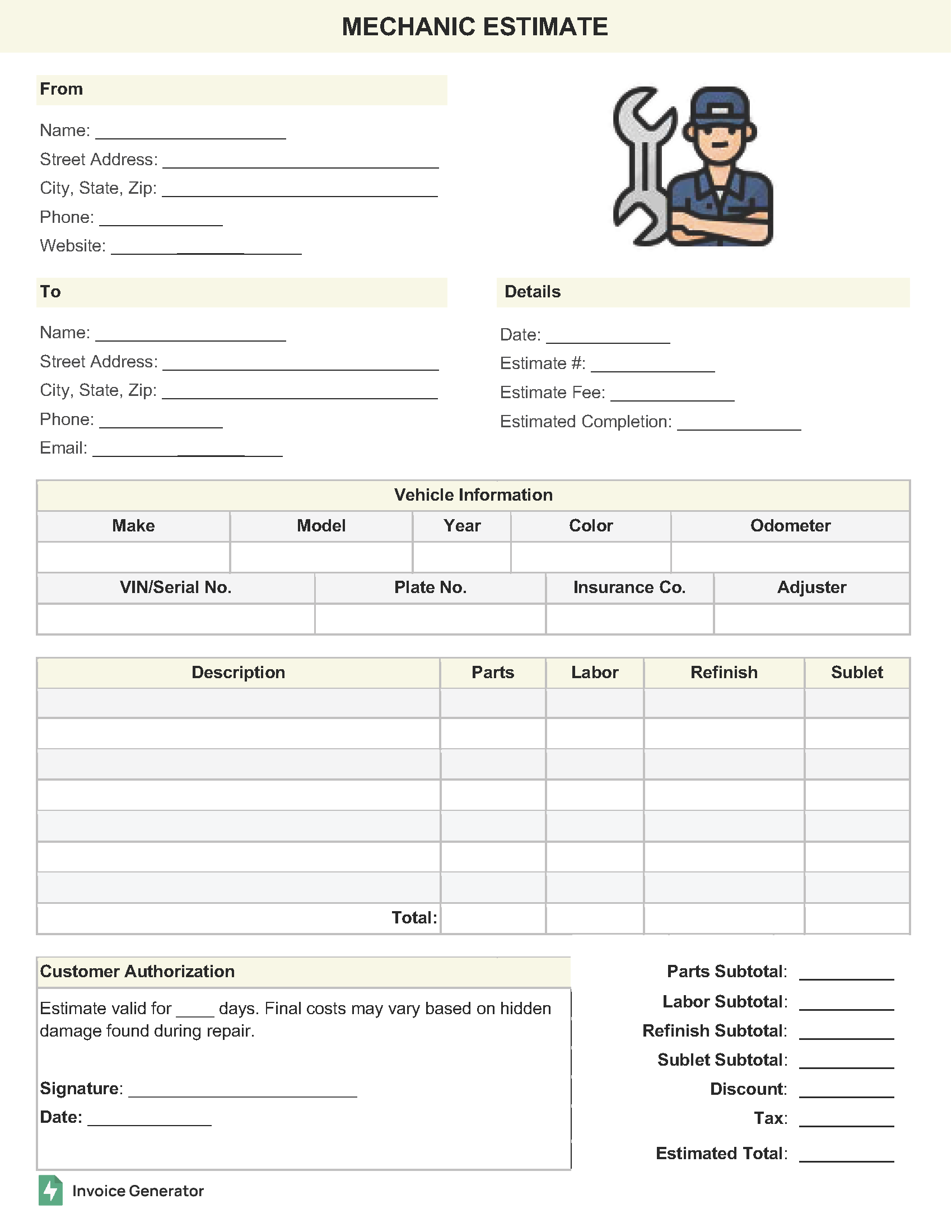 Mechanic Estimate Template