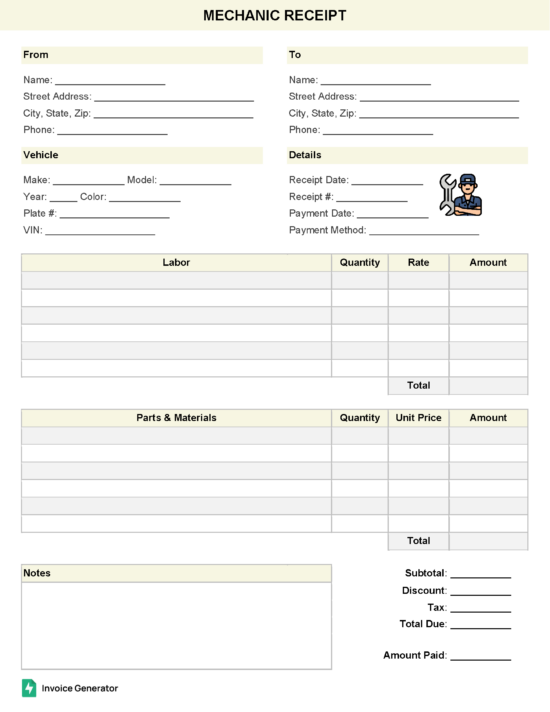 Mechanic receipt template