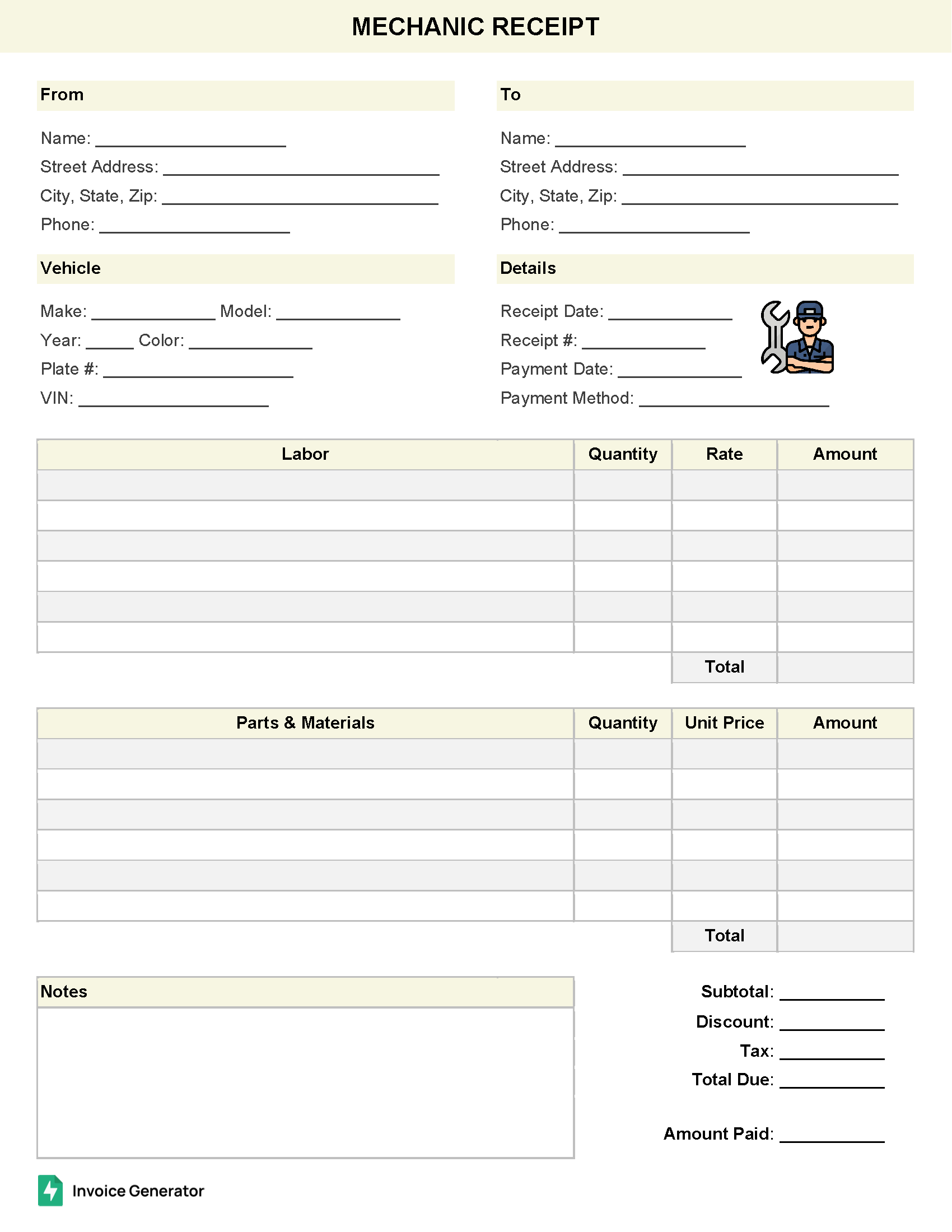 Mechanic Receipt Template