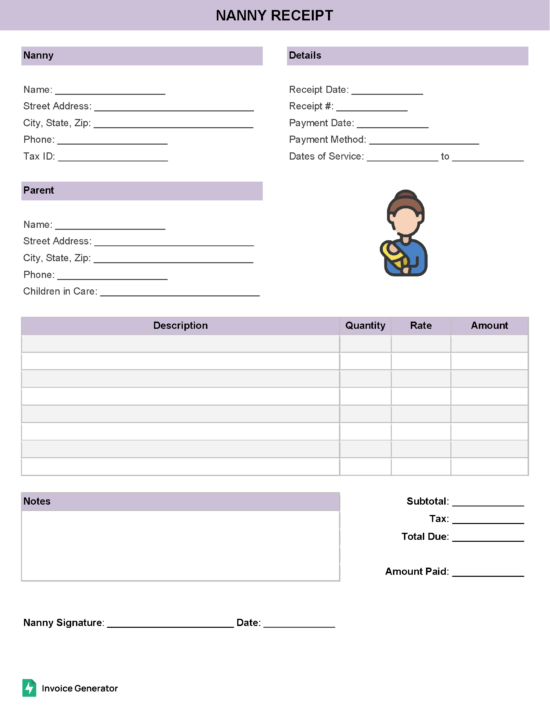 Nanny receipt template