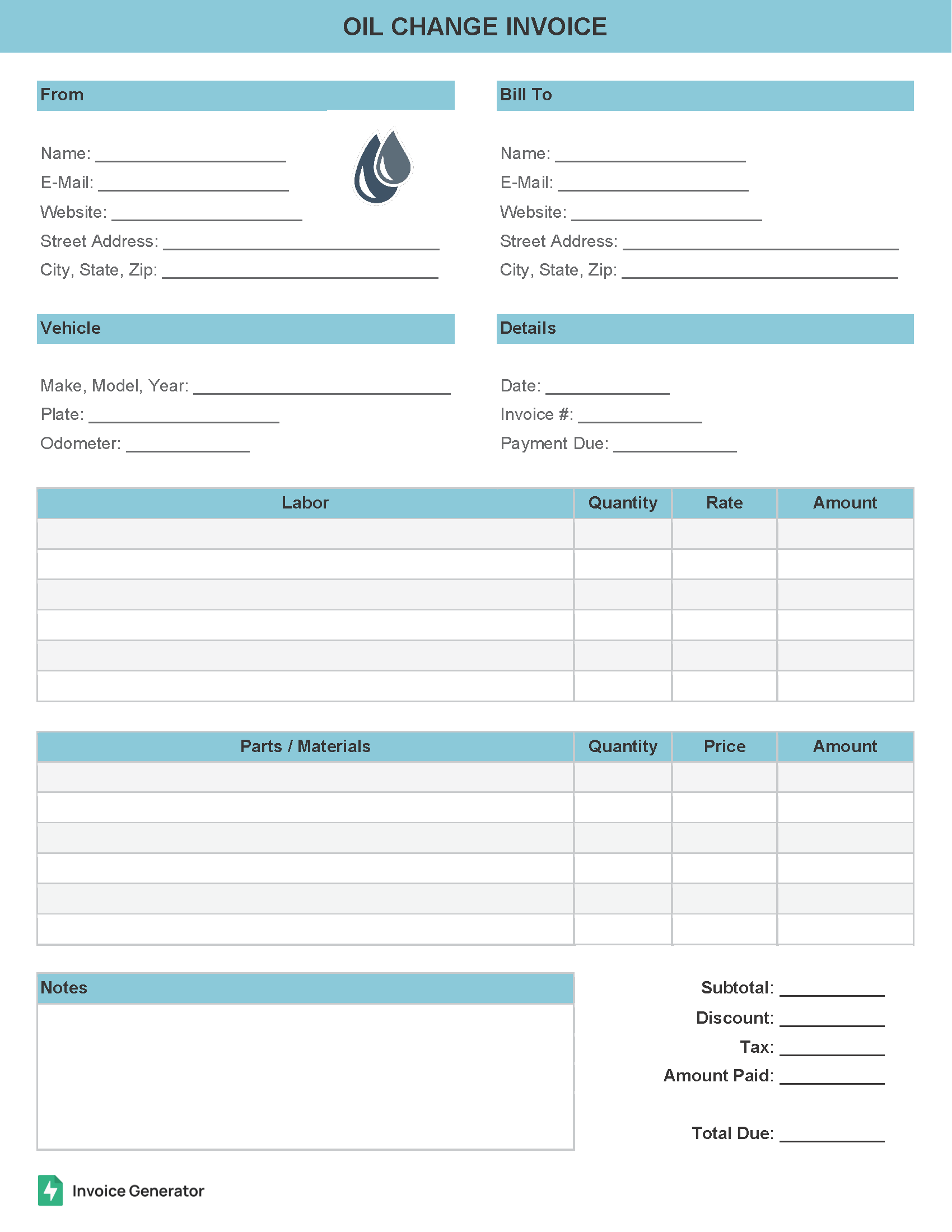 Oil Change Invoice Template