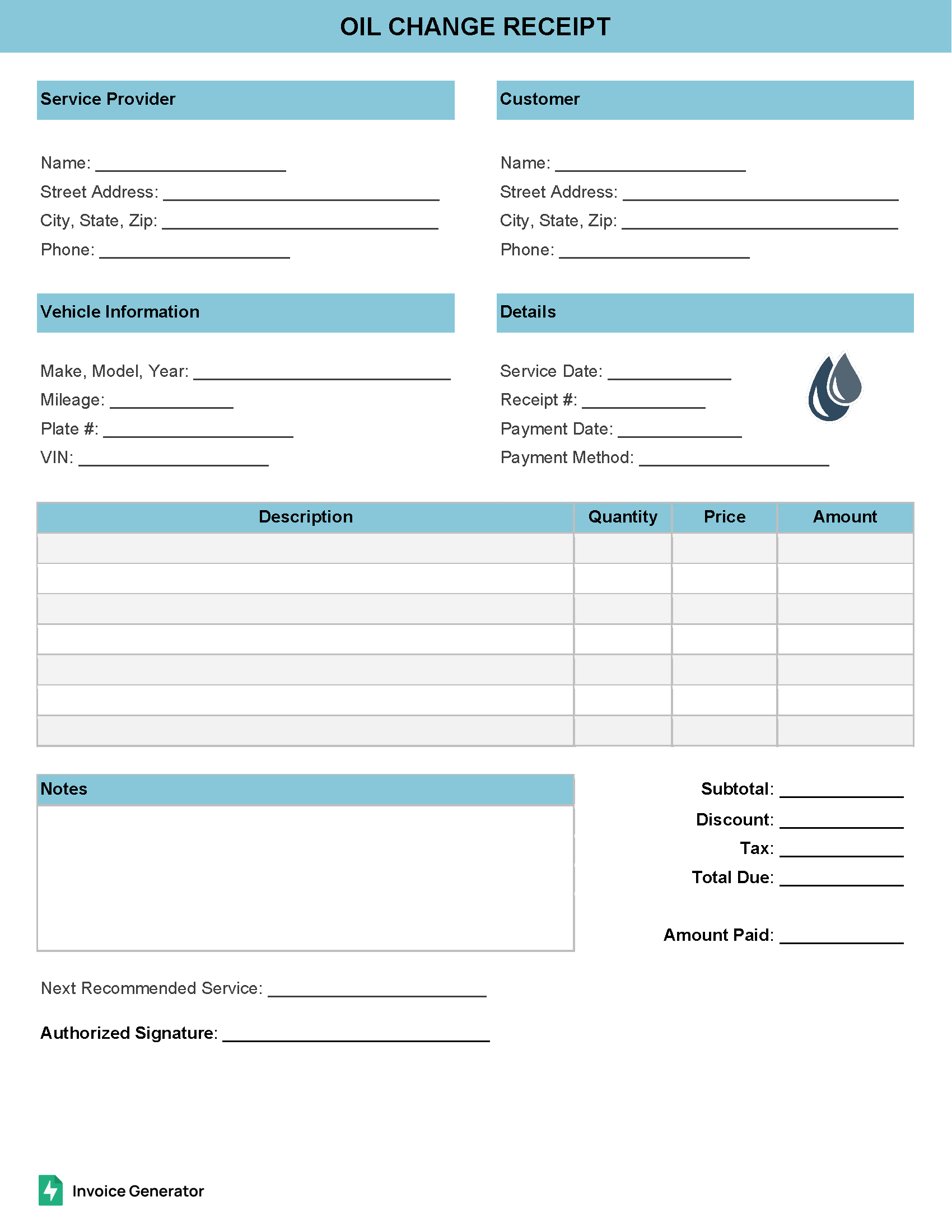 Oil Change Receipt Template