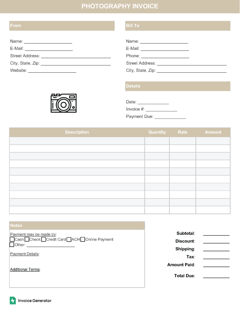 Photography invoice template