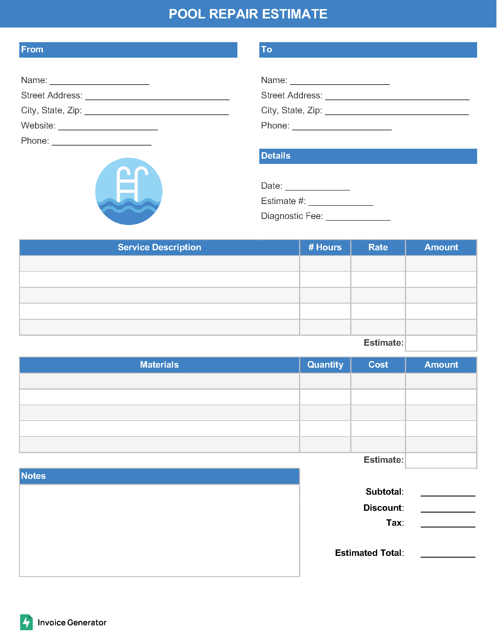 Pool repair estimate template
